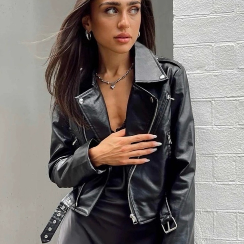 LIONESS Zeppelin Faux Leather Belted Moto Jacket Black Size S